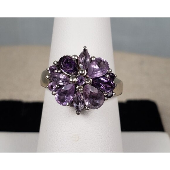 Vintage Purple Amethyst Flower Cocktail Ring 925 Sterling Silver Size 7 - Picture 5 of 16
